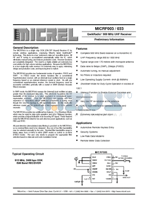 MICRF033BM datasheet - QwikRadiotm 900 MHz UHF Receiver Preliminary Information