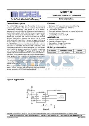 MICRF102BM datasheet - QwikRadio UHF ASK Transmitter