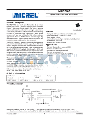 MICRF102BM datasheet - QwikRadio UHF ASK Transmitter