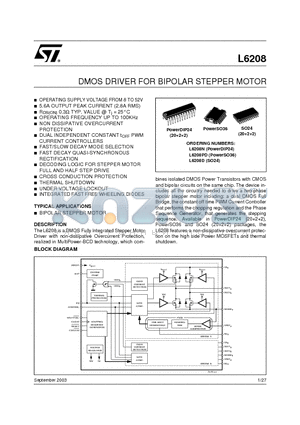 L6208N datasheet - FULLY INTEGRATED STEPPER MOTOR DRIVER