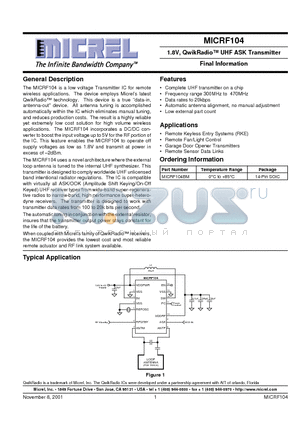 MICRF104 datasheet - 1.8V, QwikRadio UHF ASK Transmitter