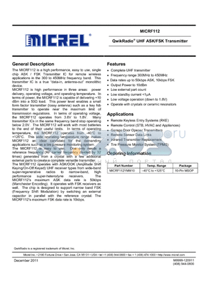 MICRF112YMM10 datasheet - QwikRadio^ UHF ASK/FSK Transmitter