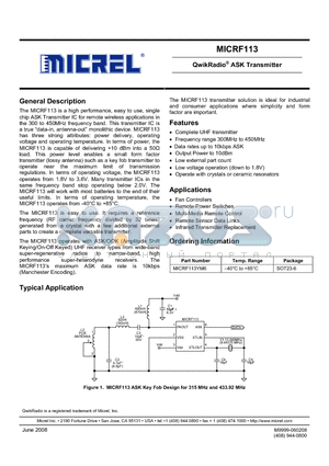 MICRF113YM6 datasheet - QwikRadio^ ASK Transmitter