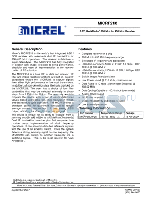 MICRF218 datasheet - 3.3V, QwikRadio^ 300 MHz to 450 MHz Receiver