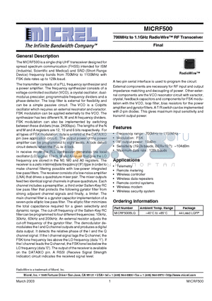 MICRF500 datasheet - 700MHz to 1.1GHz RadioWire RF Transceiver