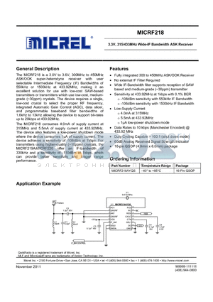 MICRF218AYQS datasheet - 3.3V, 315/433MHz Wide-IF Bandwidth ASK Receiver