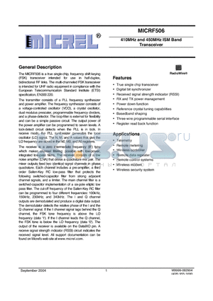 MICRF506BML datasheet - 410MHz and 450MHz ISM Band Transceiver