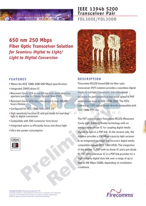 FDL300K-120 datasheet - Fiber Optic Transceiver Solution for Seamless Digital to Light/ Light to Digital Conversion