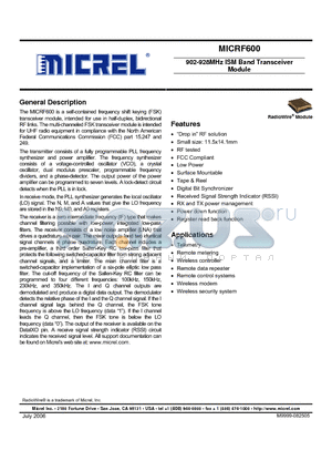 MICRF600 datasheet - 902-928MHz ISM Band Transceiver Module