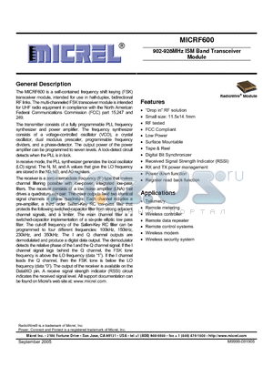 MICRF600TR datasheet - 902-928MHz ISM Band Transceiver Module