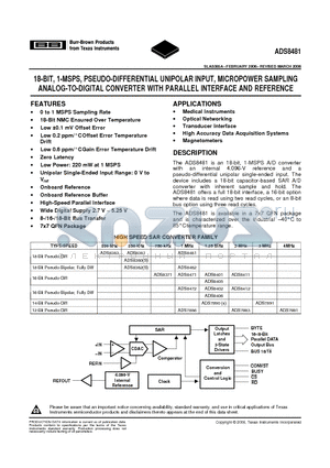 ADS8481IRGZRG4 datasheet - 18-BIT, 1-MSPS, PSEUDO-DIFFERENTIAL UNIPOLAR INPUT, MICROPOWER SAMPLING ANALOG-TO-DIGITAL CONVERTER WITH PARALLEL INTERFACE AND REFERENCE