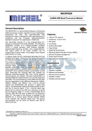 MICRF620 datasheet - 434MHz ISM Band Transceiver Module