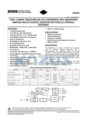 ADS8484 datasheet - 18-BIT, 1.25-MSPS, PSEUDO-BIPOLAR, FULLY DIFFERENTIAL INPUT, MICROPOWER SAMPLING ANALOG-TO-DIGITAL CONVERTER WITH PARALLEL INTERFACE,REFERENCE
