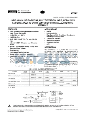 ADS8422 datasheet - 16-BIT, 4-MSPS, PSEUDO-BIPOLAR, FULLY DIFFERENTIAL INPUT, MICROPOWER SAMPLING ANALOG-TO-DIGITAL CONVERTER WITH PARALLEL INTERFACE, REFERENCE