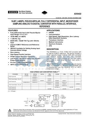 ADS8422IPFBR datasheet - 16-BIT, 4-MSPS, PSEUDO-BIPOLAR, FULLY DIFFERENTIAL INPUT, MICROPOWER SAMPLING ANALOG-TO-DIGITAL CONVERTER WITH PARALLEL INTERFACE, REFERENCE