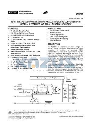 ADS8507I datasheet - 16-BIT 40-KSPS LOW POWER SAMPLING ANALOG-TO-DIGITAL CONVERTER WITH INTERNAL REFERENCE AND PARALLEL/SERIAL INTERFACE