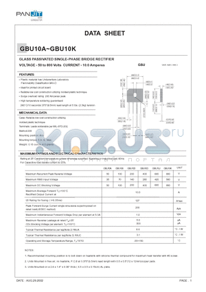GBU10D datasheet - GLASS PASSIVATED SINGLE-PHASE BRIDGE RECTIFIER(VOLTAGE - 50 to 800 Volts CURRENT - 10.0 Amperes)