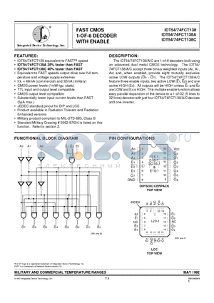 IDT54FCT138A datasheet - FAST CMOS 1-OF-8 DECODER WITH ENABLE