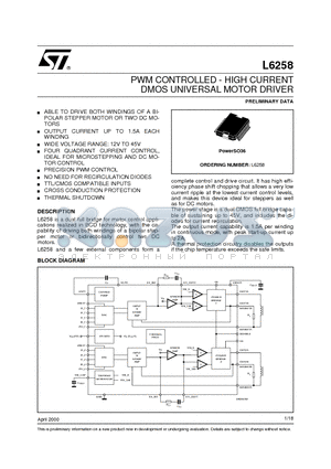 L6258 datasheet - PWM CONTROLLED - HIGH CURRENT DMOS UNIVERSAL MOTOR DRIVER