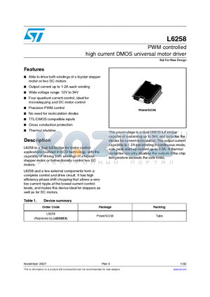 L6258 datasheet - PWM controlled high current DMOS universal motor driver