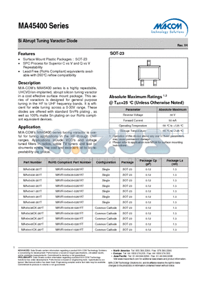 MA45400 datasheet - Si Abrupt Tuning Varactor Diode