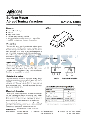 MA45430 datasheet - Surface Mount Abrupt Tuning Varactors