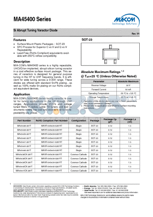 MA45436-287T datasheet - Si Abrupt Tuning Varactor Diode