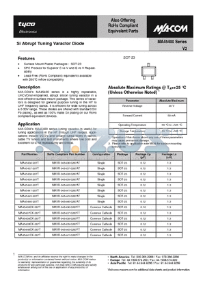 MA45436-287T datasheet - Si Abrupt Tuning Varactor Diode