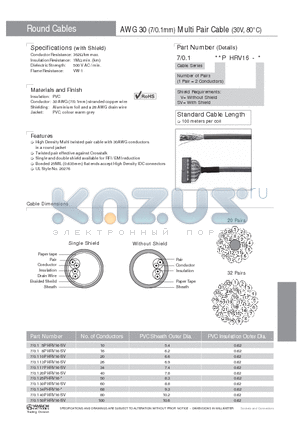 7/0.120PHRV16-SV datasheet - AWG 30 (7/0.1mm) Multi Pair Cable (30V, 80`C)