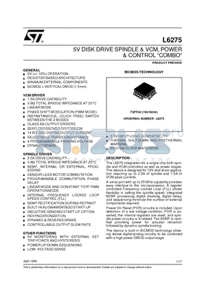 L6275 datasheet - 5V DISK DRIVE SPINDLE & VCM, POWER & CONTROL COMBO