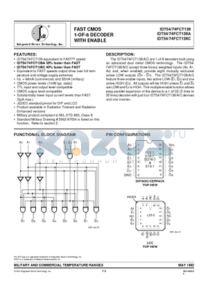 IDT54FCT138CLB datasheet - FAST CMOS 1-OF-8 DECODER WITH ENABLE