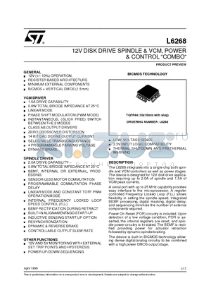 L6268 datasheet - 12V DISK DRIVE SPINDLE & VCM, POWER & CONTROL COMBO