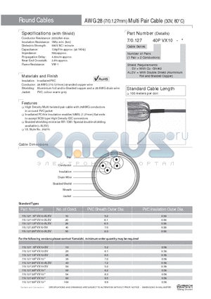 7/0.12725PVX10-ALSV datasheet - AWG 28 (7/0.1.27mm) Multi Pair Cable (30V, 80`C)