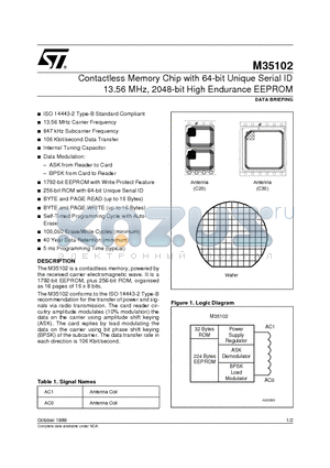 M35102 datasheet - Contactless Memory Chip with 64-bit Unique Serial ID 13.56 MHz, 2048-bit High Endurance EEPROM