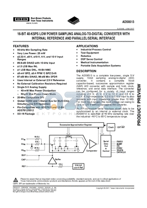 ADS8513IBDW datasheet - 16-BIT 40-KSPS LOW POWER SAMPLING ANALOG-TO-DIGITAL CONVERTER WITH INTERNAL REFERENCE AND PARALLEL/SERIAL INTERFACE