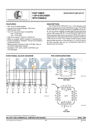 IDT54FCT138CTLB datasheet - FAST CMOS 1-OF-8 DECODER WITH ENABLE