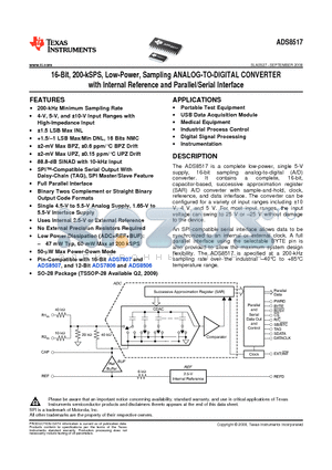 ADS8517IBDWR datasheet - 16-Bit, 200-kSPS, Low-Power, Sampling ANALOG-TO-DIGITAL CONVERTER with Internal Reference and Parallel/Serial Interface