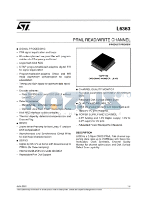 L6363 datasheet - PRML READ/WRITE CHANNEL