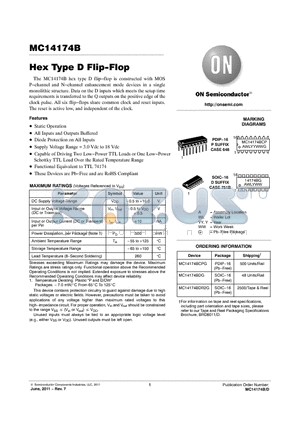 MC14174BDG datasheet - Hex Type D Flip-Flop
