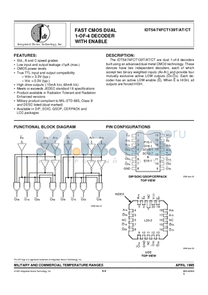 IDT54FCT139ATD datasheet - FAST CMOS DUAL 1-OF-4 DECODER WITH ENABLE