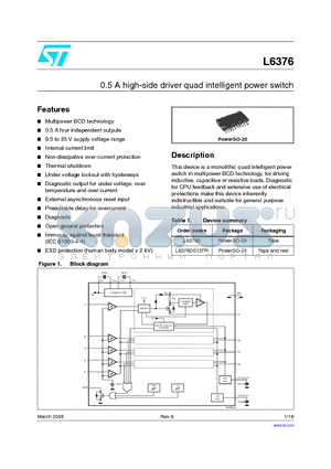 L6376D013TR datasheet - 0.5 A high-side driver quad intelligent power switch