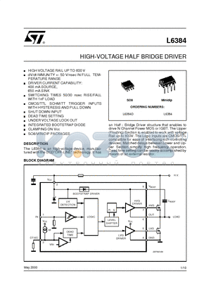 L6384D datasheet - HIGH-VOLTAGE HALF BRIDGE DRIVER