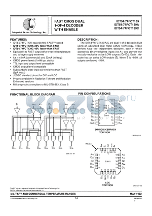 IDT54FCT139CD datasheet - FAST CMOS DUAL 1-OF-4 DECODER WITH ENABLE