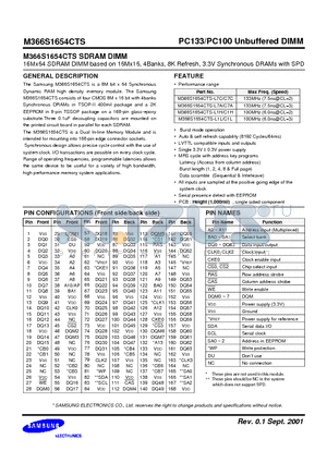 M366S1654CTS-L1L datasheet - 16Mx64 SDRAM DIMM based on 16Mx16, 4Banks, 8K Refresh, 3.3V Synchronous DRAMs with SPD