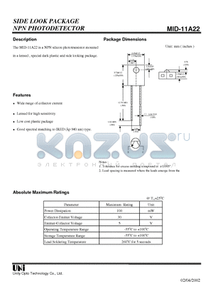 MID-11A22 datasheet - SIDE LOOK PACKAGE NPN PHOTODETECTOR