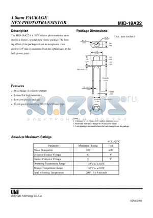 MID-18A22 datasheet - 1.8mm PACKAGE NPN PHOTOTRANSISTOR