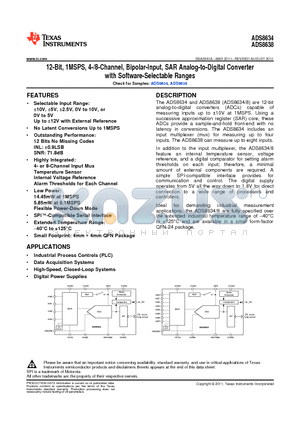 ADS8634SRGET datasheet - 12-Bit, 1MSPS, 4-/8-Channel, Bipolar-Input, SAR Analog-to-Digital Converter