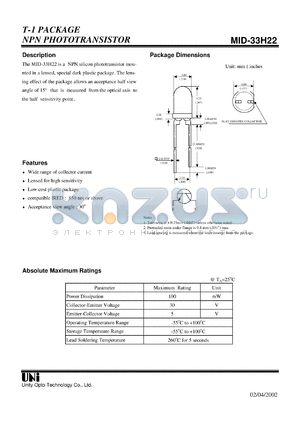 MID-33H22 datasheet - T-1 PACKAGE NPN PHOTOTRANSISTOR