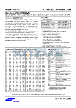 M366S3253CTS datasheet - 32Mx64 SDRAM DIMM based on 32Mx8, 4Banks, 8K Refresh, 3.3V Synchronous DRAMs with SPD
