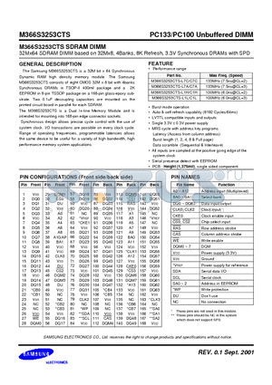 M366S3253CTS-C1H datasheet - 32Mx64 SDRAM DIMM based on 32Mx8, 4Banks, 8K Refresh, 3.3V Synchronous DRAMs with SPD